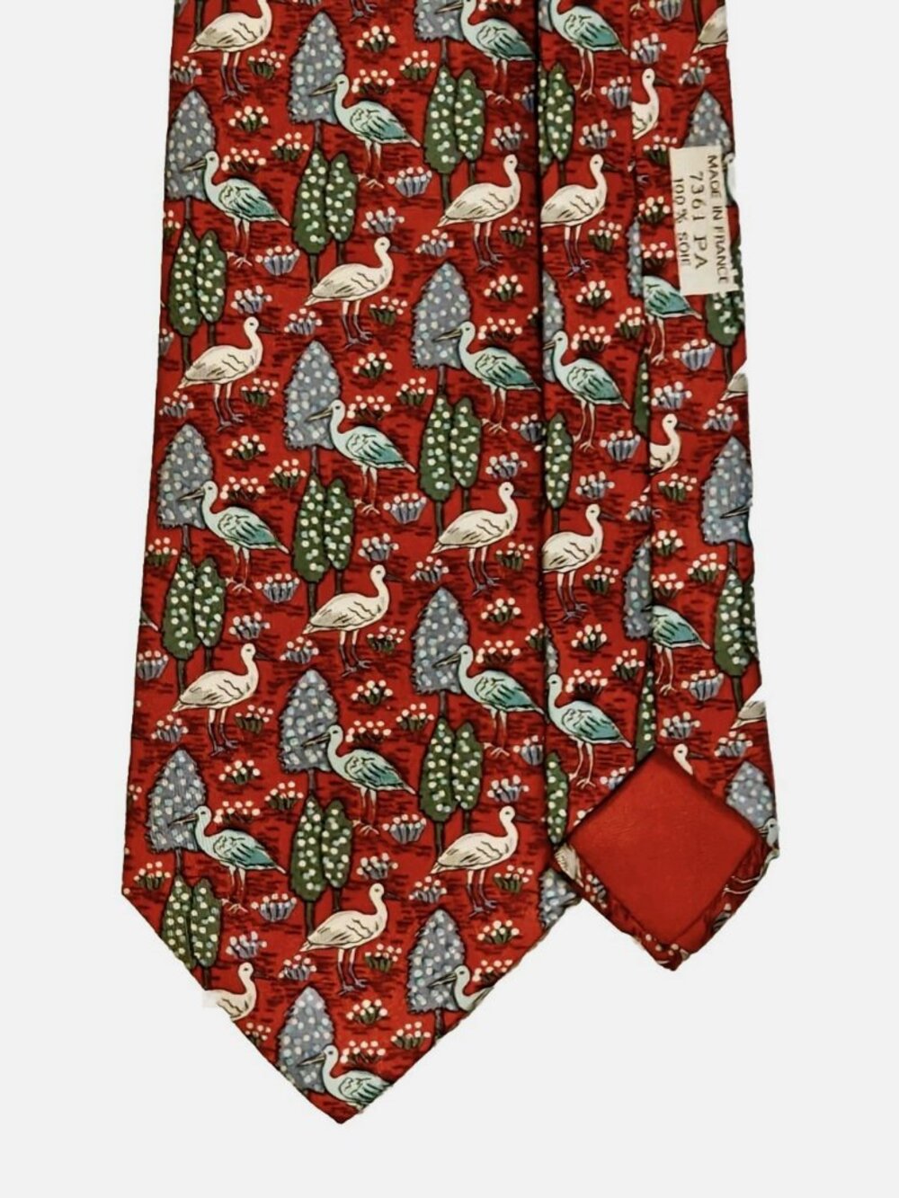 Hermes Men's Tie Silk Red 7631 PA Whimsical Heron Bird Tree/Plants 3.5" x 58.5" - Picture 4 of 8